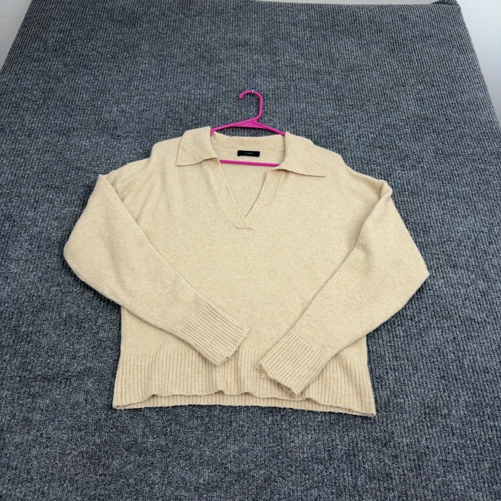 J.Crew Sweater Women Beige Merino Wool Alpaca Blend Polo V-Neck Ribbed Preppy